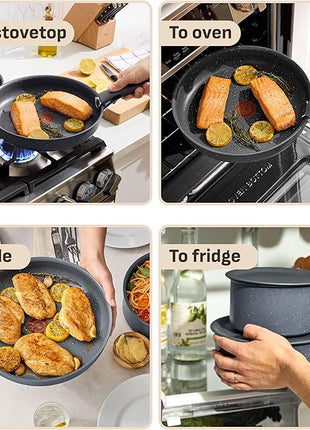 T-fal Ingenio Essentials Cookware Set with Detachable/Removable Handle 11 Piece, Granite Titanium Non Stick, Oven Broiler Safe 500F, Stackable, Pots and Pans Set, Frying Pans, Dishwasher Safe, Gray