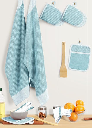 Casa Platino Oven Mitts and Pot Holders Sets, 8-Piece – 500°F Heat Resistant Mini Oven Mitts with Silicone Grip, Potholders for Kitchens, 2 Kitchen Towels & 2 Dish Cloths – Non-Slip & Durable – Aqua