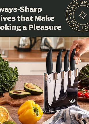 Vos Ceramic Knife Set with Block, Ceramic Knives Set For Kitchen, Ultra Sharp Kitchen Knife Set with Covers, 3" 4" 5" 6" Chef Knife, Utility, Paring & Versatile, Lightweight, Dishwasher safe (Black)