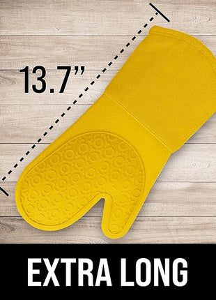 BPA-Free Soft Silicone Oven Mitts - Ultra Heat Resistant Oven Mitts with Thick Cotton Liner - Long Slip Resistant Pot Holders, Flexible Oven Gloves - Yellow 13.7"