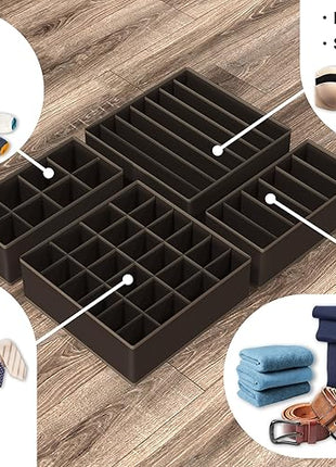 Simple Houseware 4-Pack Drawer Organizer Set - Closet Dividers for Underwear, Socks, Bras, Scarves, Ties - Foldable Non-Woven Storage Boxes, Brown
