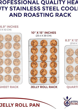KITCHENATICS Jelly Roll Cooling Racks for Cooking and Baking, Heavy Duty Cooking Racks for Sheet Pan, Stainless Steel Wire Rack for Cooking, Cookie Cooling Rack Fits Jelly Roll Pan 15x10, Set of 2
