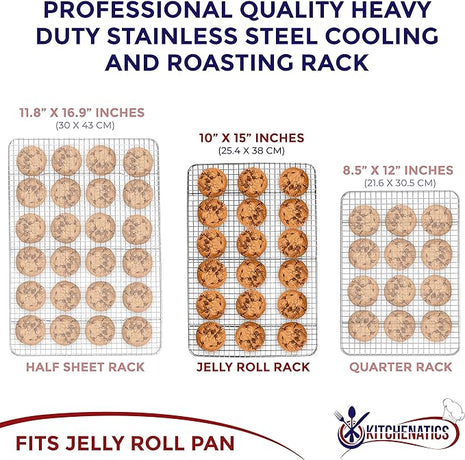 KITCHENATICS Jelly Roll Cooling Racks for Cooking and Baking, Heavy Duty Cooking Racks for Sheet Pan, Stainless Steel Wire Rack for Cooking, Cookie Cooling Rack Fits Jelly Roll Pan 15x10, Set of 2