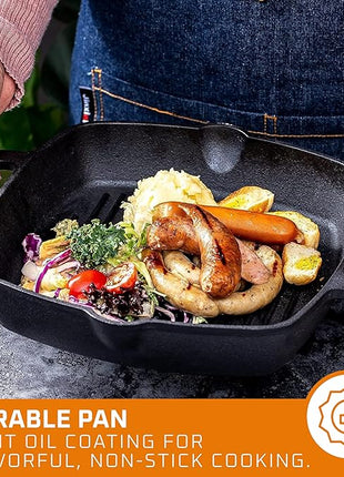 Bruntmor 10 Inch Square Cast Iron Grill Pan Steak Pan Pre Seasoned Grill Pan with Easy Grease Drain Spout, with Large Loop Handles for Grilling Bacon, Steak, and Meats