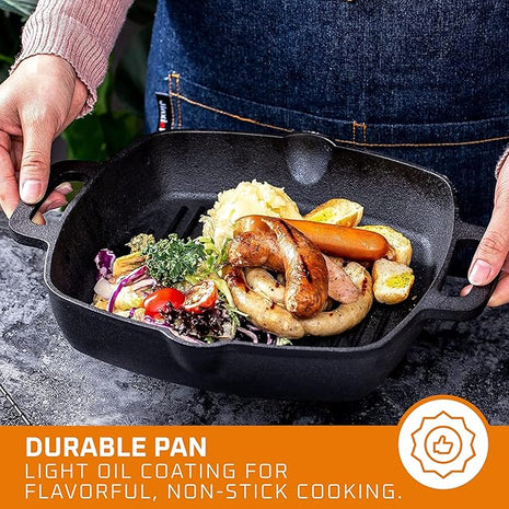 Bruntmor 10 Inch Square Cast Iron Grill Pan Steak Pan Pre Seasoned Grill Pan with Easy Grease Drain Spout, with Large Loop Handles for Grilling Bacon, Steak, and Meats