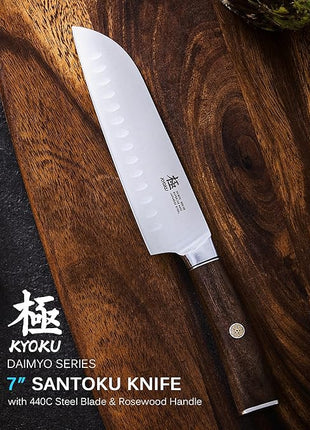KYOKU 7 Inch Santoku Knife - Daimyo Series - Asian Knife Japanese Chef Knife with Ergonomic Rosewood Handle, & Mosaic Pin - Japanese 440C Stainless Steel Kitchen Knife with Sheath & Case