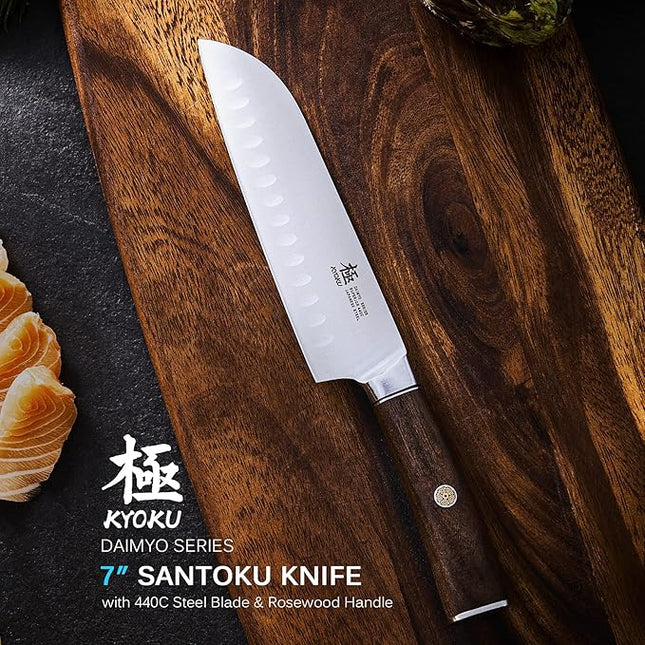KYOKU 7 Inch Santoku Knife - Daimyo Series - Asian Knife Japanese Chef Knife with Ergonomic Rosewood Handle, & Mosaic Pin - Japanese 440C Stainless Steel Kitchen Knife with Sheath & Case