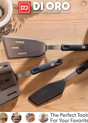 DI ORO Silicone Turner Spatula Set - Forever Warranty - Kitchen Spatulas for Nonstick Cookware - 600°F Heat-Resistant & BPA Free - Flexible & Thin Flippers for Turning Eggs & Pancakes (6 Piece, Black)