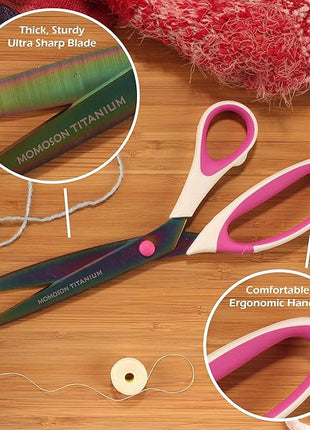 BambooMN Titanium Softgrip Scissors Set for Sewing, Arts, Crafts, Office - 1 set of 3 - White w/Pink Inlays