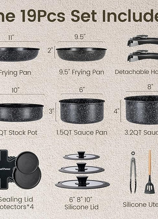 Chef Power Ceramic Nonstick Cookware Set 19 Piece with Detachable Handle, Induction Dishwasher Oven Safe Pans and Pots Set, RV Kitchen Set Removable Handle, Rock Stone Black