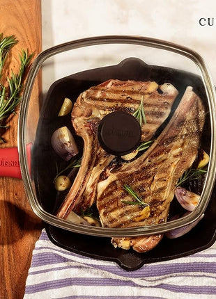 Cuisinel Cast Iron Grill Pan + Rectangular Cast Iron Grill Press + Tempered Glass Lid + Pan Scraper – Pre-Seasoned Ribbed Skillet – 10.5"-Inch Square Grilling Indoor/Outdoor Camping Fire BBQ Cookware