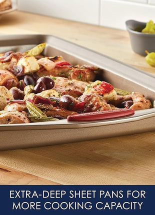 Rachael Ray Cucina Nonstick Bakeware Set Baking Cookie Sheets Cake Muffin Bread Pan, 10 Piece, Latte Brown with Cranberry Red Grips