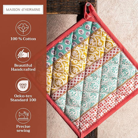 Maison d' Hermine Pot Holders 100% Cotton Heat Resistant Potholders 8" x 8" Hot Pads with Loop BBQ, Cooking, Baking, Grilling, Kitchen, Handling Hot Pans Spring/Summer (Pack of 1, Provence)