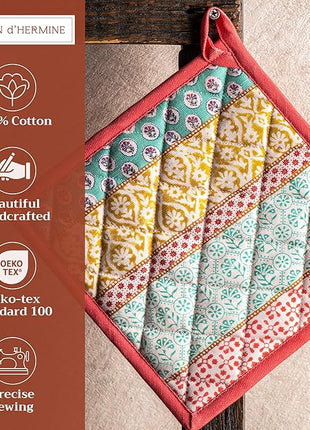 Maison d' Hermine Pot Holders Set 100% Cotton Heat Resistant Potholders 8" x 8" Hot Pads with Loop BBQ, Cooking, Baking, Grilling, Kitchen, Handling Hot Pans Spring/Summer (Pack of 2, Provence)