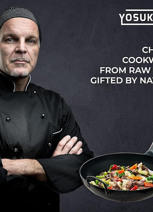 YOSUKATA 14” Round Bottom Carbon Steel Wok Pan – Blue Pre-Seasoned Pow Wok for Stir Fry, BBQ & Camping – Traditional Japanese & Chinese Cookware – Compatible with Gas Stoves & Open Fire Only