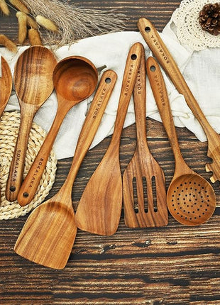 Teak Wooden Spoons for Cooking - 8Pcs Kitchen Utensils Set With Spatulas