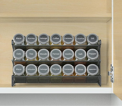SpaceAid Spice Rack Organizer with 21 Spice Jars, 386 Spice Labels, Chalk Marker and Funnel Set for Cabinet, Countertop, Pantry, Cupboard or Door & Wall Mount - 21 Jars, 13.4" W × 9" H, Black