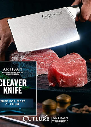 Cutluxe Cleaver Knife - 7" Meat Cleaver, Butcher Knife for Meat Cutting – German Steel Blade, Full Tang, Ergonomic Handle Design – Artisan Series