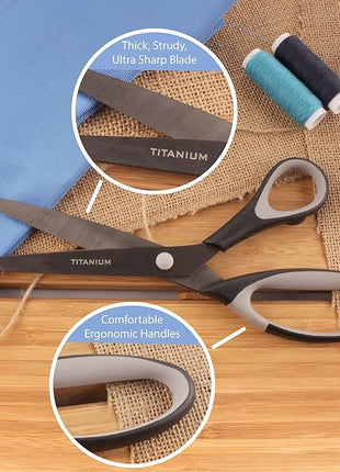 BambooMN Titanium Softgrip Scissors Set - Pinking, Sewing, Arts, Crafts, Office - 10 Sets of 4 - Black w/Grey Inlays