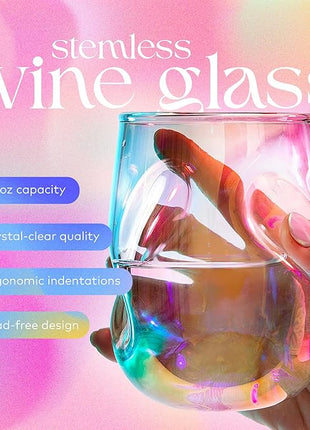 Dragon Glassware Stemless Wine Glasses - 16 oz Stemless Wine Glass Set with Finger Indentations - Set of 2 Iridescent Glassware - Aerates Naturally