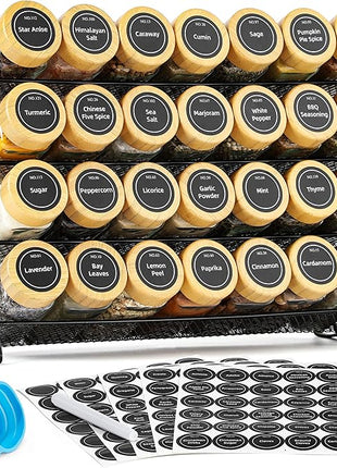 AOZITA Spice Rack Organizer for Cabinet, 28 Empty Spice Jars with Bamboo lids, Funnel, Spice Labels, Seasoning Organizer for Countertop, Cabinet, Kitchen, Pantry, Cupboard