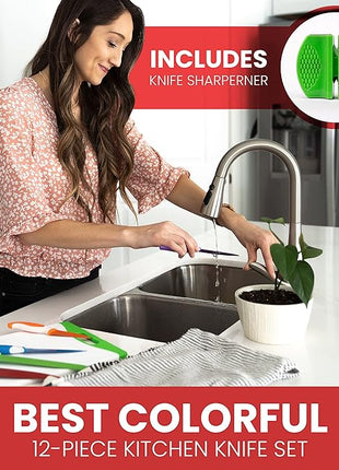 EatNeat 12-Piece Knife Set – Chef, Bread, Carving, Utility & Paring Knives with Sheaths, Sharpener & Cutting Board – Non-Stick Stainless Steel, Ergonomic, Dishwasher Safe – Ideal for Home, RV & Gift