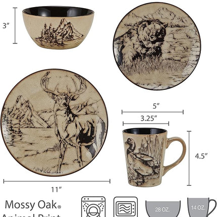 Mossy Oak Animal Print 16 Piece Dinnerware Set, Service for 4, Black and Beige