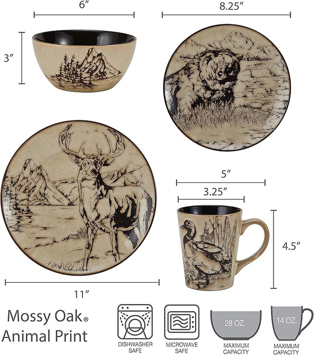 Mossy Oak Animal Print 16 Piece Dinnerware Set, Service for 4, Black and Beige