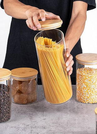 YUNCANG Glass Storage Jars [Set of 5],Clear Glass Food Storage Containers with Airtight Bamboo Lid Stackable Kitchen Canisters for Candy,Cookie,Rice,Sugar,Flour,Pasta,Nuts and Spice Jars