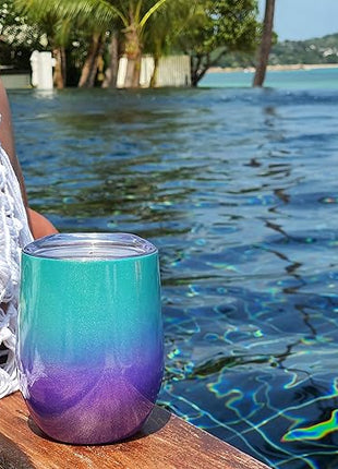 CHILLOUT LIFE 12 oz Stainless Steel Wine Tumblers 4 Pack - Double Wall Vacuum Insulated Wine Glasses Cups with Lids and Straws Set Keeping Cold & Hot for Coffee, Beer, Ice Cream - Mermaid Sparkle