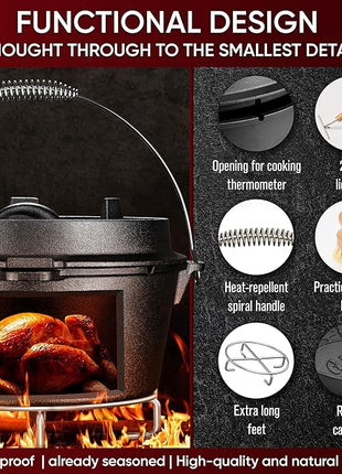 Pre-Seasoned Dutch Oven Set - 5 Quart Cast Iron Dutch Oven Pot with Lid, Fire Pot without Feet for Bread Baking & Cooking - Includes 2-in-1 Lid Lifter, Brush & Recipe Book [for 1-3 People]