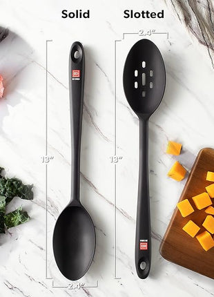 DI ORO Silicone Spoons for Cooking - Large Kitchen Spoons for Mixing, Serving, & Stirring - 600°F Heat-Resistant Non Stick Utensils – Big Solid & Slotted - Dishwasher Safe (2pc, Black)