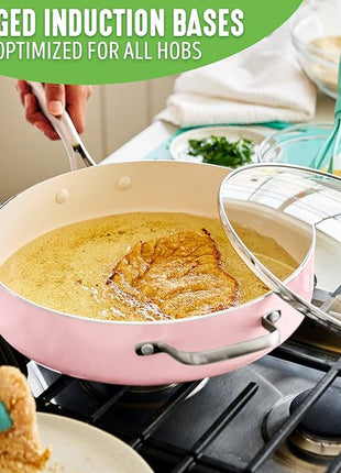GreenLife Artisan Healthy Ceramic Nonstick, 5QT Saute Pan Jumbo Cooker with Helper Handle and Lid, Stainless Steel Handle, Induction, PFAS-Free, Dishwasher Safe, Oven Safe, Pink