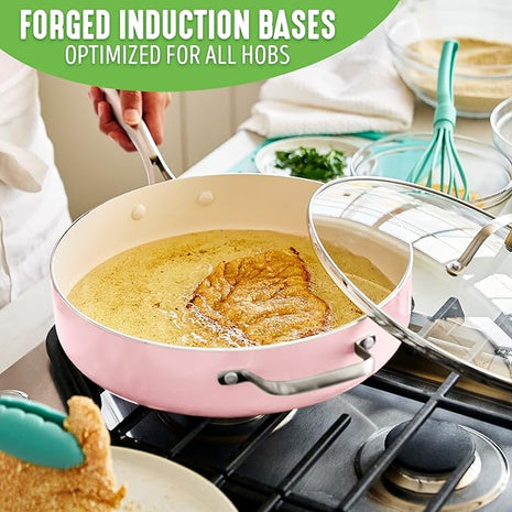 GreenLife Artisan Healthy Ceramic Nonstick, 5QT Saute Pan Jumbo Cooker with Helper Handle and Lid, Stainless Steel Handle, Induction, PFAS-Free, Dishwasher Safe, Oven Safe, Pink