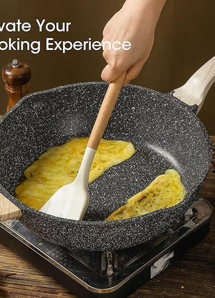 CAROTE 12.5 Inch Nonstick Deep Frying Pan with Lid, 6.5 Qt Jumbo Cooker Saute Pan with Pour Spout, Skillet Induction Cookware, Non Stick Cooking Pan PFOA Free, Classic Granite