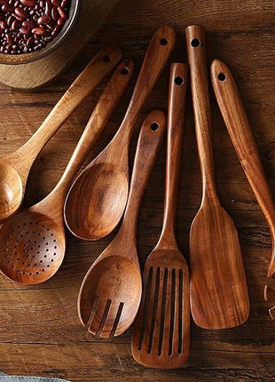 Wooden Kitchen Utensils set, 7Pcs Wooden Spoons for cooking Natural Teak Wood Kitchen Spatula Set for Cooking including Spoon Ladle Fork