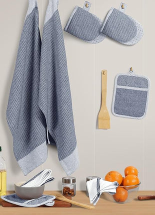 Casa Platino Mini Oven Mitts Set, 8-Piece – 500°F Heat Resistant Silicone Oven Mitts, Potholders for Kitchens, 2 Kitchen Towels & 2 Dish Cloths – Non-Slip & Durable – Indigo