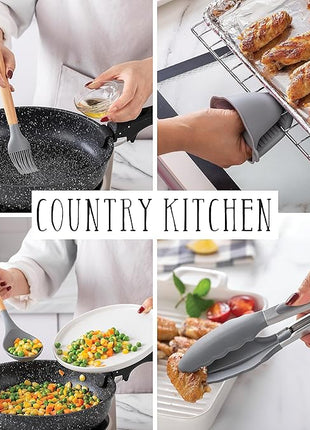 Country Kitchen Non Stick Silicone Utensil Set with Rounded Wood Handles for Cooking and Baking, 38 Piece Set, Gray