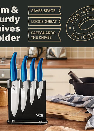 Vos Ceramic Knife Set with Block, Ceramic Knives Set For Kitchen, Ultra Sharp Kitchen Knife Set with Covers, 3" 4" 5" 6" Chef Knife, Utility, Paring & Versatile, Lightweight, Dishwasher safe (Blue)