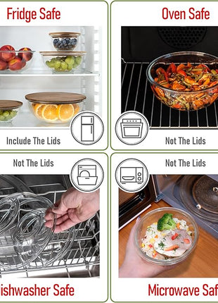 Stackable Space-Saving Set of 5 Nesting Glass Bowls with Acacia Lids for Foodprep, Storage, Mixing & Cooking - Microwave & Oven-ready BPA Free Durable Heat Resistant Inert Borosilicate Glass