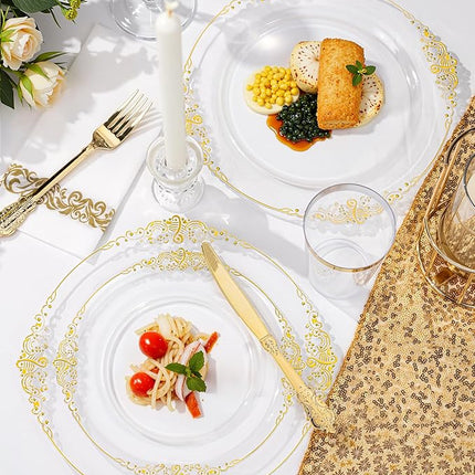 Nervure 350PCS Clear Gold Plastic Plates - Gold Plastic Dinnerware Sets for 50 Guests - 100 Disposable Plates, 150 Silverware, 50 Cups, 50 Napkins for Wedding & Party & Thanksgiving