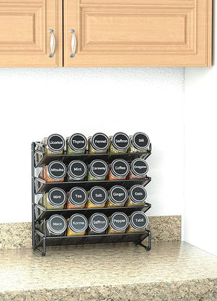 SpaceAid Spice Rack Organizer with 20 Spice Jars, 386 Spice Labels, Chalk Marker and Funnel Set for Cabinet, Countertop, Pantry, Cupboard or Door & Wall Mount - 20 Jars, 9.8" W × 10.8“H, Black