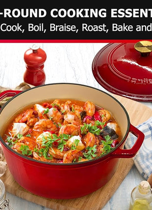 Mueller 6qt Enameled Cast Iron Dutch Oven, Heavy-Duty Casserole and Braiser Pan with Lid and Knob, Oven-Safe up to 500° F & Across All Cooktops, Red