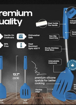 Silicone Spatula Set - Turner Spatulas Silicone Heat Resistant 600°F - Slotted & Solid Spatula for Cooking Fish, Eggs, Pancakes Flipper – Spatulas for kitchen use – Blue