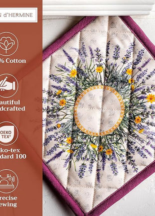 Maison d' Hermine Pot Holders Set 100% Cotton Heat Resistant Potholders 8" x 8" Hot Pads with Loop BBQ, Cooking, Baking, Grilling, Kitchen, Handling Hot Pans Spring/Summer (Pack of 2, Fanny Lavender)