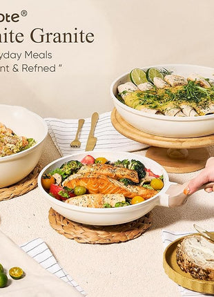 CAROTE 21Pcs Pots and Pans Set, Nonstick Cookware Sets, White Granite Induction Cookware Non Stick Cooking Set w/Frying Pans & Saucepans(PFOS, PFOA Free)