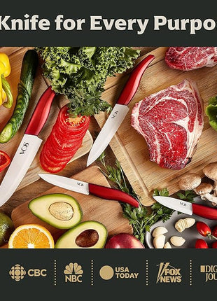 Vos Ceramic Knife Set, Ceramic Knives Set For Kitchen, Ultra Sharp Kitchen Knife Set with Covers, 3" 4" 5" 6" Paring, Santoku, Chef Knife & Utility, Lightweight, Dishwasher safe (Red with Block)
