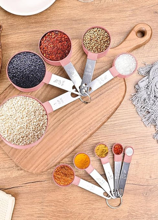 Measuring Cups and Spoons Set, 10 Pieces Nesting Measure Tools, Kitchen Essentials Gadgets with Stainless Steel Handle for Dry & Liquid Ingredient, Pink