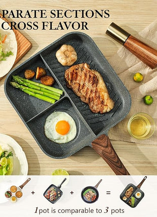 Sensarte Nonstick 11-Inch Square Grill Pan, 3-Section Versatile Breakfast Skillet, Die-cast Aluminum, PFOA, PFOS, APEO Free, Induction, Gas, Electric, Glass, Ceramic