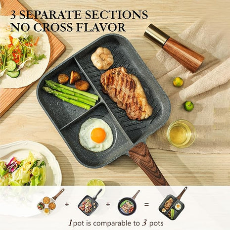 Sensarte Nonstick 11-Inch Square Grill Pan, 3-Section Versatile Breakfast Skillet, Die-cast Aluminum, PFOA, PFOS, APEO Free, Induction, Gas, Electric, Glass, Ceramic